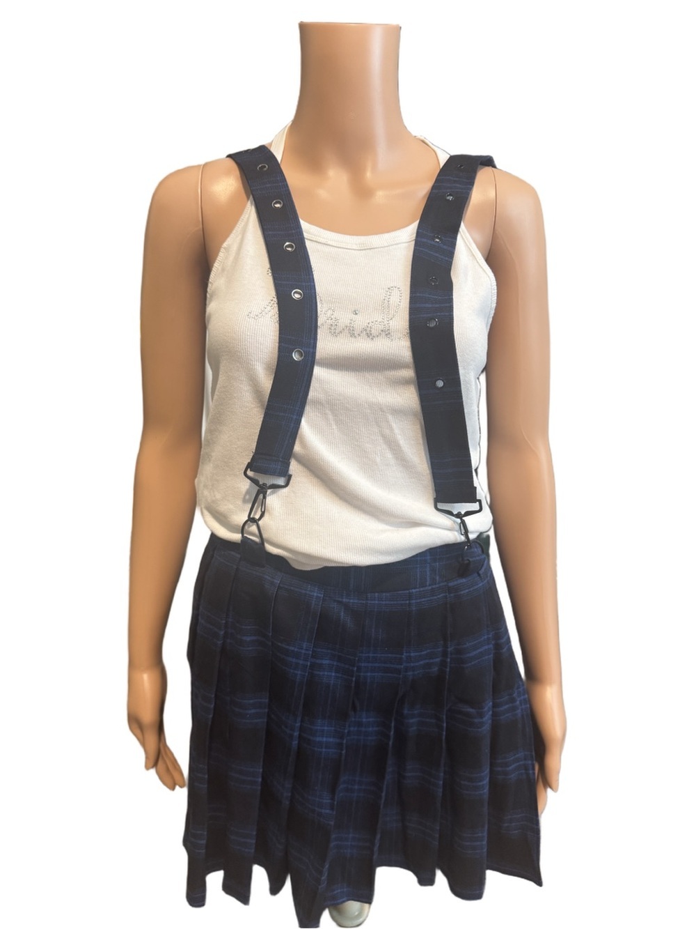 Navy Plaid Pleated Skater Skirt with Suspenders
